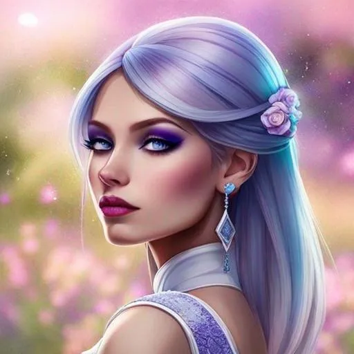 Prompt: A beautiful woman, white hair with pastel purple highlights, violet eyes, blue eyeshadow, pastel blue roses in her hair, blue jewels on forehead, cartoon style