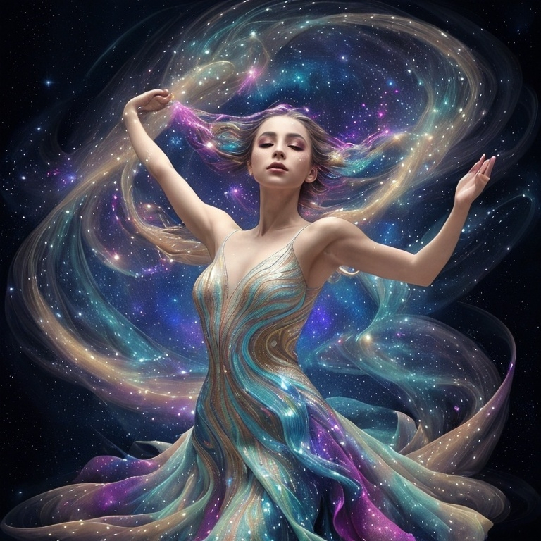 Prompt: a stunning depiction of a dancer whose flowing movements create beautiful, swirling galaxies. The dancer's form and dress are painted with stars and cosmic dust, illustrating the harmony between human expression and the universe. Light background 