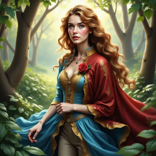 Prompt: Amidst the enchanting greenery of a lush forest, a captivating figure emerges, exuding a blend of elegance and mystique. This striking woman, with flowing auburn hair cascading in soft waves, wears a richly embellished gown of vibrant blue and gold, adorned with intricate patterns and a single red rose accent. Her piercing blue eyes are framed by delicate makeup that enhances her radiant features, while her expressive gaze suggests both confidence and grace. Draped in a flowing cape that transitions from deep red to soft blue, she stands poised among the lush foliage, the sunlight filtering through the trees and casting a warm glow on this magical scene, evoking an air of fantasy and adventure. The interplay of colors, from the emerald greens of the leaves to the shimmering gemstones in her attire, adds depth to this visually stunning portrayal, inviting viewers into a realm of fairy-tale allure.