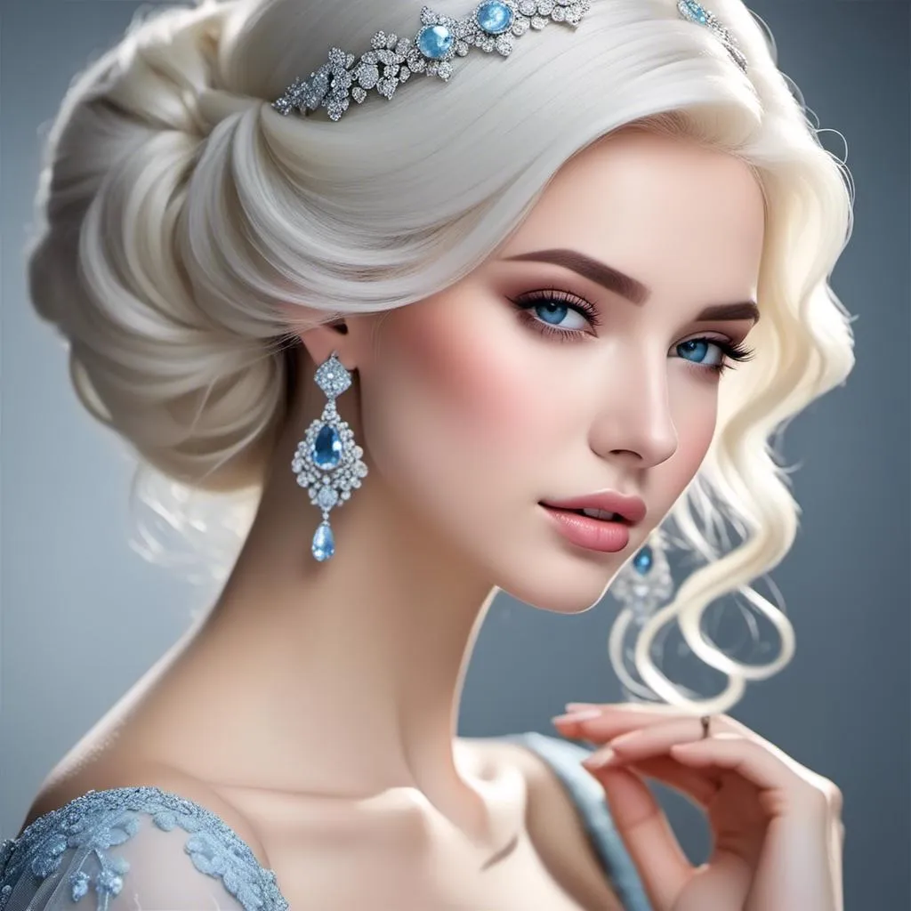 Prompt: <mymodel>A beautiful woman, snow white hair with pastel highlights, frosty blue eyes, blue eyeshadow, blue jewels on forehead