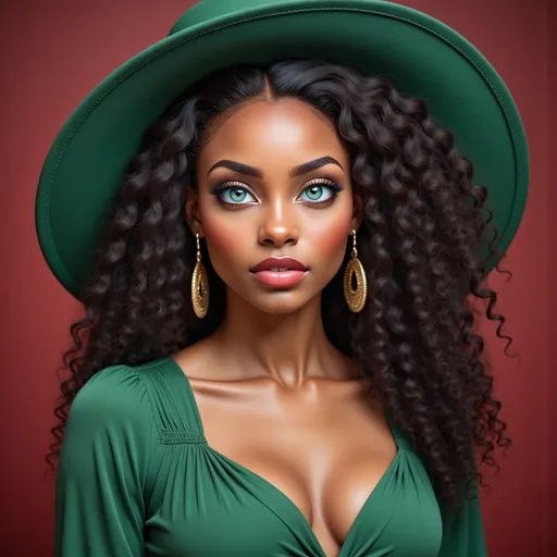Prompt: With piercing green eyes and a striking red lip, the woman exudes confidence and elegance, framed by her lush, curly hair cascading over her shoulders. She wears a deep green outfit that harmonizes with her oversized matching hat, creating a captivating look that stands out against a rich red backdrop. The lighting accentuates her flawless skin and highlights the intricate details of her golden earrings, adding a touch of glamour. This portrait captures a sense of boldness and sophistication, drawing the viewer into her compelling presence. The overall composition conveys a vibrant, lively mood, celebrating beauty and style.
