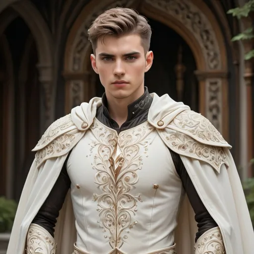 Prompt: Standing with a commanding presence, a young man is clad in striking fantasy armor that features intricate embroidery and a soft, flowing cape. His meticulously designed outfit combines soft ivory hues with accentuated copper-toned details, contrasting sharply with his dark, fitted shirt underneath. With short, styled hair and a serious expression, he gazes directly at the viewer, exuding both strength and confidence. The backdrop includes a beautifully crafted stone archway, suggesting the setting of an old castle or mansion, with lush green foliage framing the scene. The overall composition harmonizes rich textures and natural elements, evoking a sense of adventure and nobility.