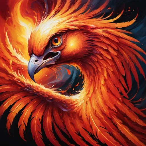 Prompt: Vibrant, high-contrast painting of a fiery phoenix, bold red and orange hues, dynamic and fierce energy, swirling flames and feathers, 4k, ultra-detailed, abstract, intense red, dramatic lighting, passionate