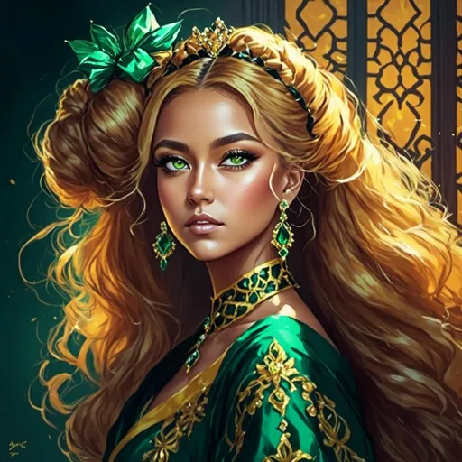 Prompt: <mymodel>Detailed illustration of a woman in vibrant green attire, large vivid green eyes, elegant makeup, digital painting, high resolution, realistic style, vibrant green, professional lighting