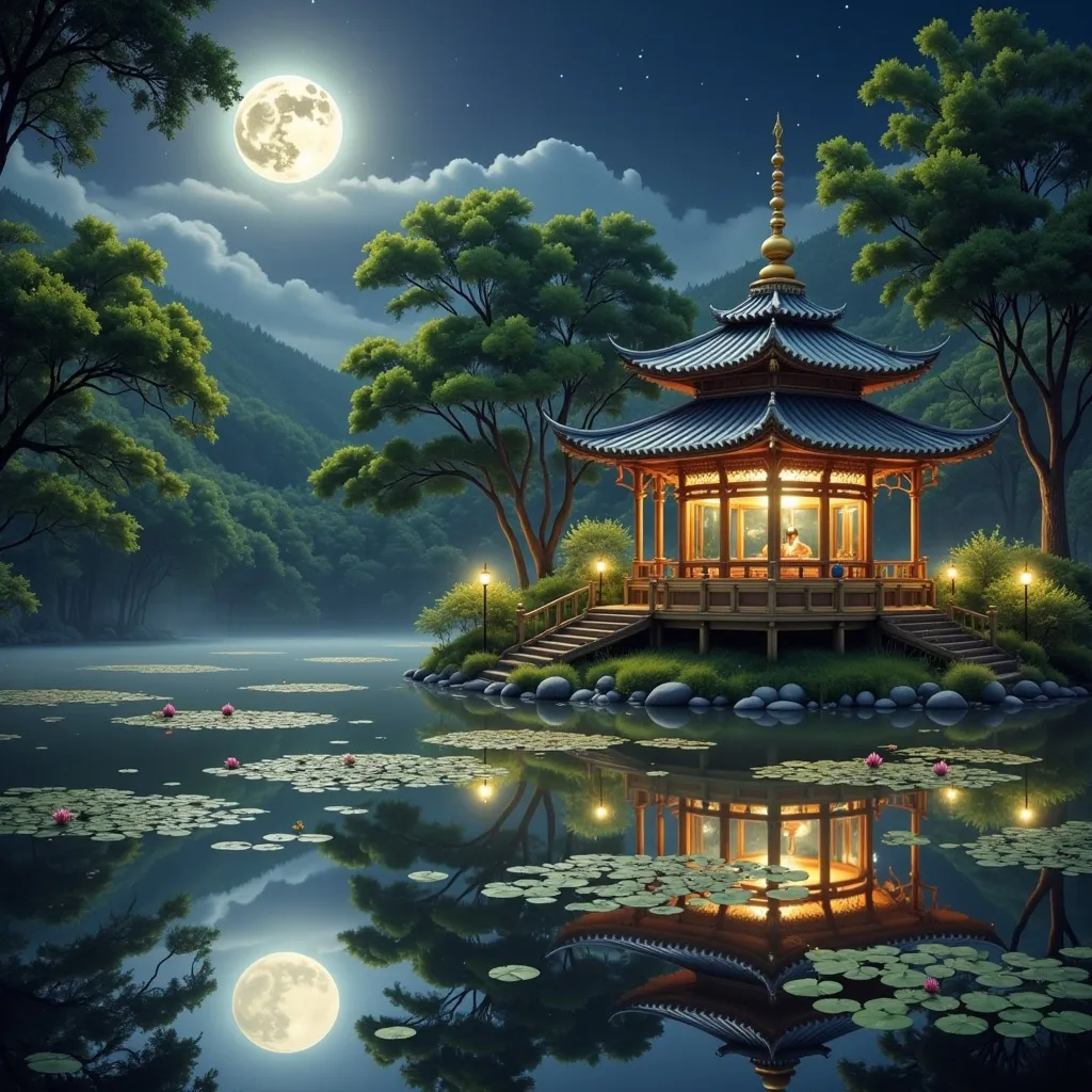 Prompt: Beneath the luminous glow of a full moon, a serene pagoda stands gracefully by a still, reflective lake, its intricate wooden design illuminated from within by soft, warm lights. Surrounding the structure, lush green trees, shrouded in a gentle mist, frame the scene with their delicate forms, while lily pads float quietly on the water's surface, adding touches of life and color. The tranquil night is enhanced by the soft illumination that casts enchanting shadows, creating a sense of calm and peace, as the lake mirrors the celestial beauty above. This idyllic setting evokes a feeling of harmony and serenity, inviting quiet contemplation amidst nature's beauty.