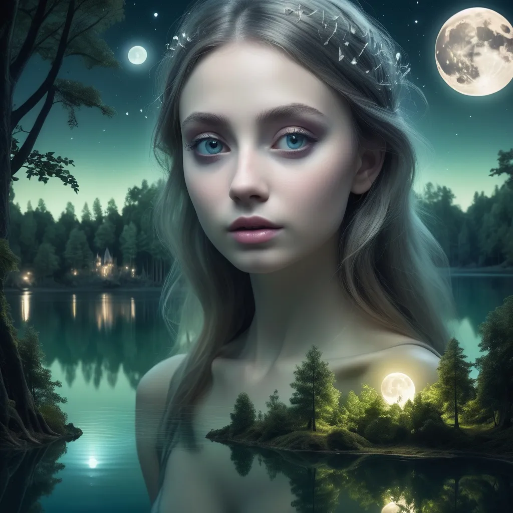 Prompt: A serene, moonlit lake in a magical forest, where the reflection of the moon reveals a hidden underwater city, illuminated by soft, ethereal lights.