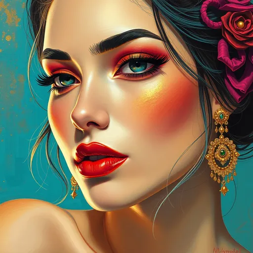 Prompt: <mymodel>beautiful woman, turquoise, gold, magenta, high quality, detailed, vibrant colors, elegant, luxurious, glamorous, realistic painting, warm lighting