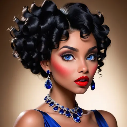 Prompt: woman with curly black hair, red lips,  wearing sapphire jewelry, facial closeup
