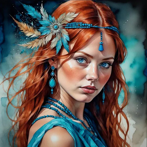 Prompt: <mymodel>Watercolor and pen sketch of a young woman in southwestern style, turquoise jewelry, flowing attire, intricate details, vibrant colors, high quality, southwest art, watercolor, pen sketch, detailed jewelry, flowing attire, vibrant colors, beautiful woman, high quality imagery, professional, atmospheric lighting