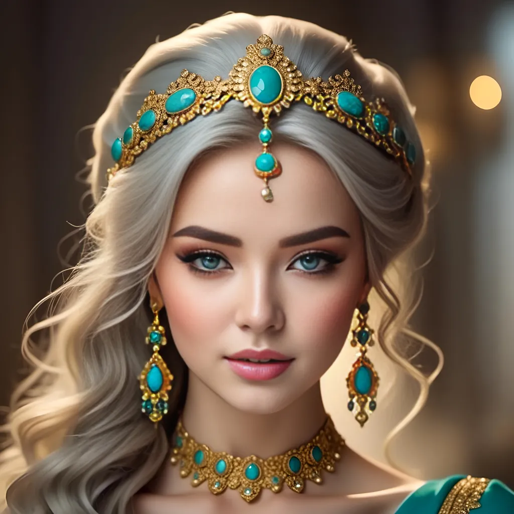 Prompt: <mymodel>ooo bi An extremely gorgeous woman,  with turquoise jewels, in color scheme of turquoise and gold