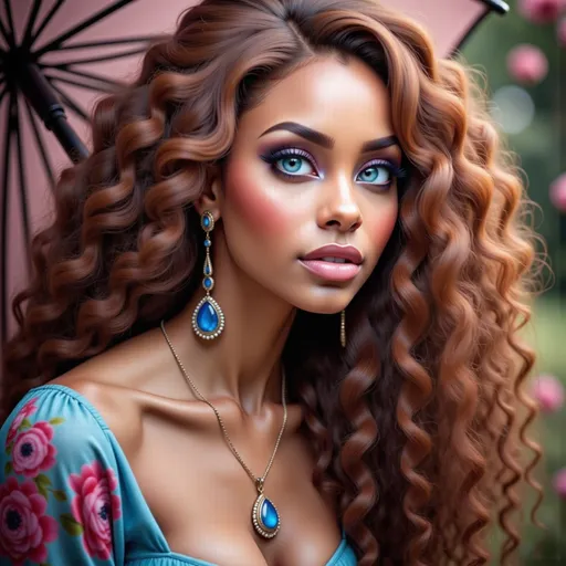 Prompt: A striking, glamorous woman captivates with her long, cascading curls framed by a delicate umbrella, suggesting a romantic or whimsical setting. Her radiant complexion is enhanced by dramatic makeup, featuring vibrant hues of pink on her cheeks and eyes, while her full lips carry a soft, inviting sheen. Adorned with a lavish array of golden jewelry, including earrings and a matching necklace set with blue gemstones, she emanates elegance and sophistication. The backdrop is softly blurred, accented by subtle hints of raindrops, contributing to an ethereal, dreamlike ambiance that merges classic beauty with a hint of enchantment. The entire composition, rich in color and texture, conveys a mood of allure and charm, inviting the viewer into a world of fantasy.