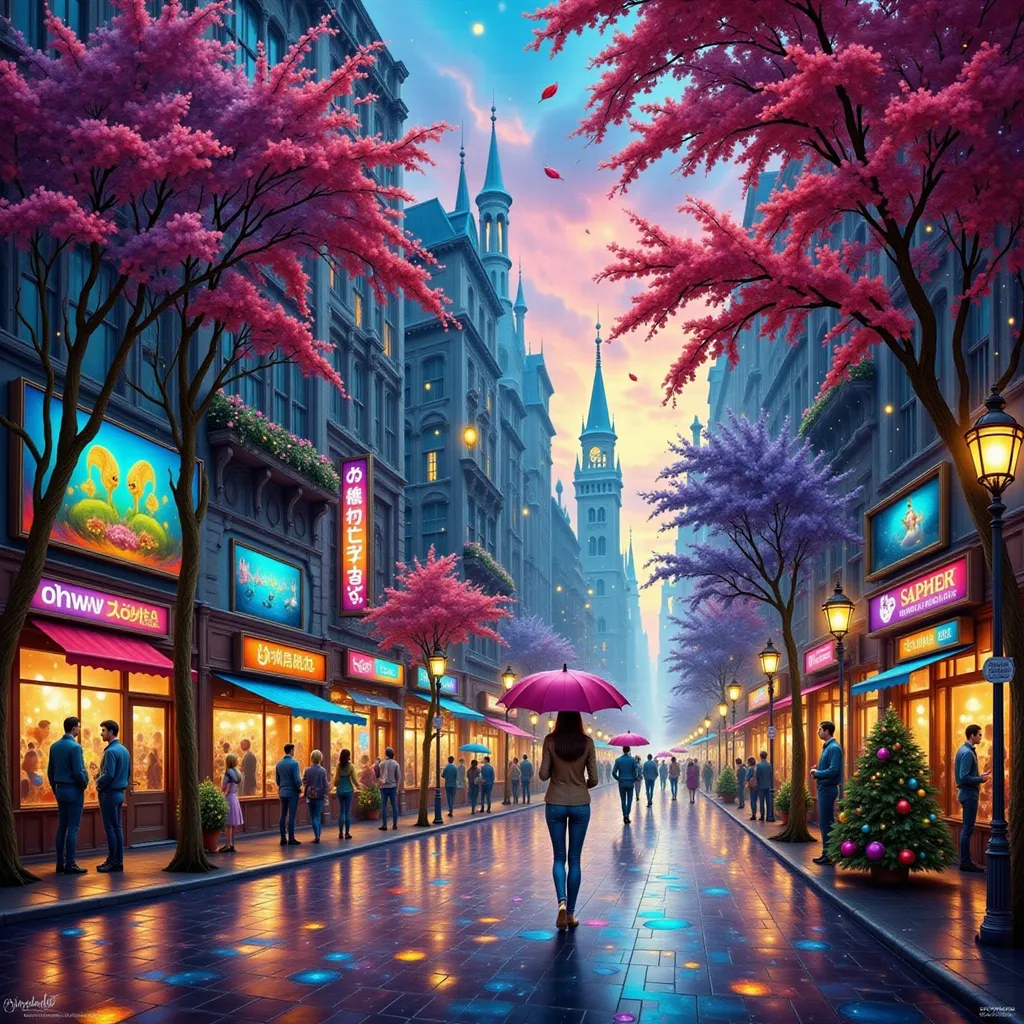 Prompt: a woman holding an umbrella in the rain in a city street with people walking on the sidewalk, Evgeny Lushpin, fantasy art, highly detailed digital painting, a detailed matte painting
