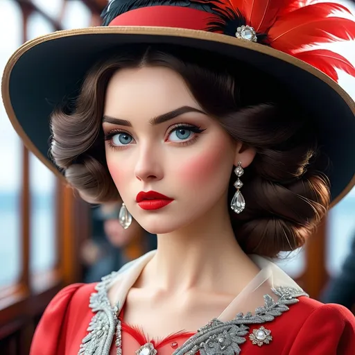 Prompt: <mymodel>fashionable 1st class  female passenger on the Titanic, pale skin, dark styled hair, large lips,  looking sad, facial closeup, vibrant colors, red dress and elaborate hat with feathers