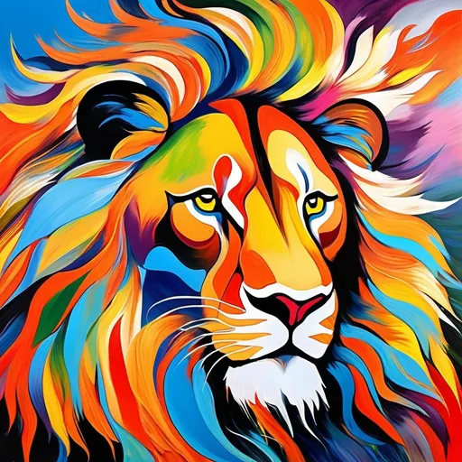 Prompt: Abstract surrealism painting of a majestic lion, vibrant and bold brushstrokes, exaggerated features, vivid colors, dreamlike atmosphere, high quality, surrealism, vibrant colors, abstract art, majestic lion, dreamlike, bold brushstrokes