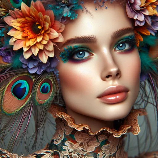 Prompt: dynamic composition of a pale skinned woman with hair of flowers and peacock plummage  of aqua, orange and purple, ornate details,lacey clothes, facial closeup