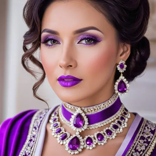 Prompt: lady in purple high class attire, facial closeup