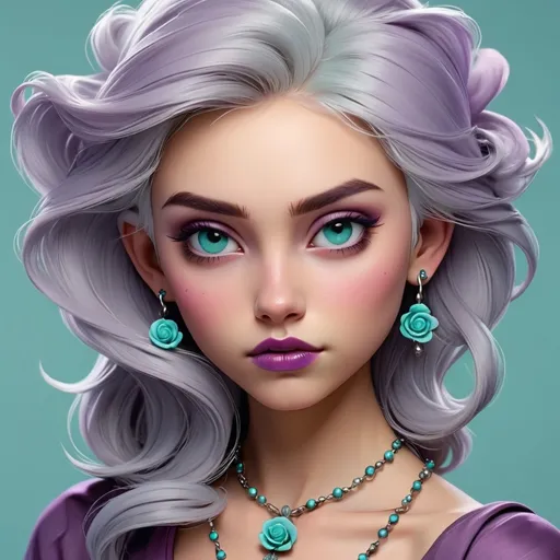 Prompt:  girl with silver hair, dusky purple rose , turquoise jewelry