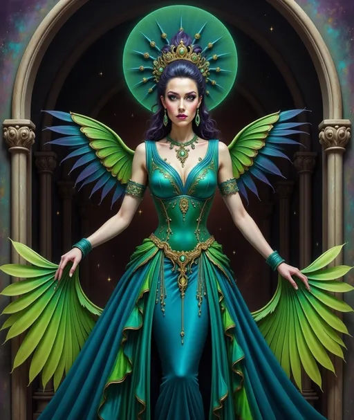 Prompt: a woman in a green dress standing in front of a doorway, Anne Stokes, fantasy art, dark fantasy art, an art deco painting