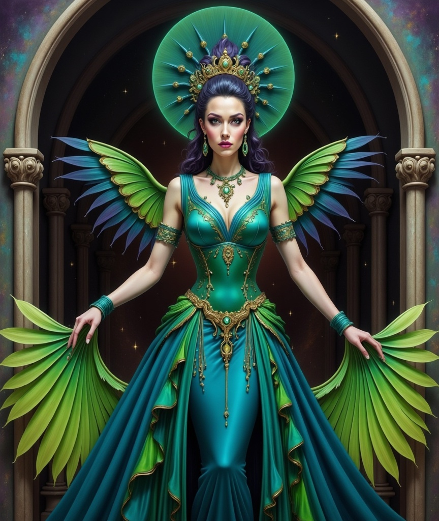 Prompt: a woman in a green dress standing in front of a doorway, Anne Stokes, fantasy art, dark fantasy art, an art deco painting