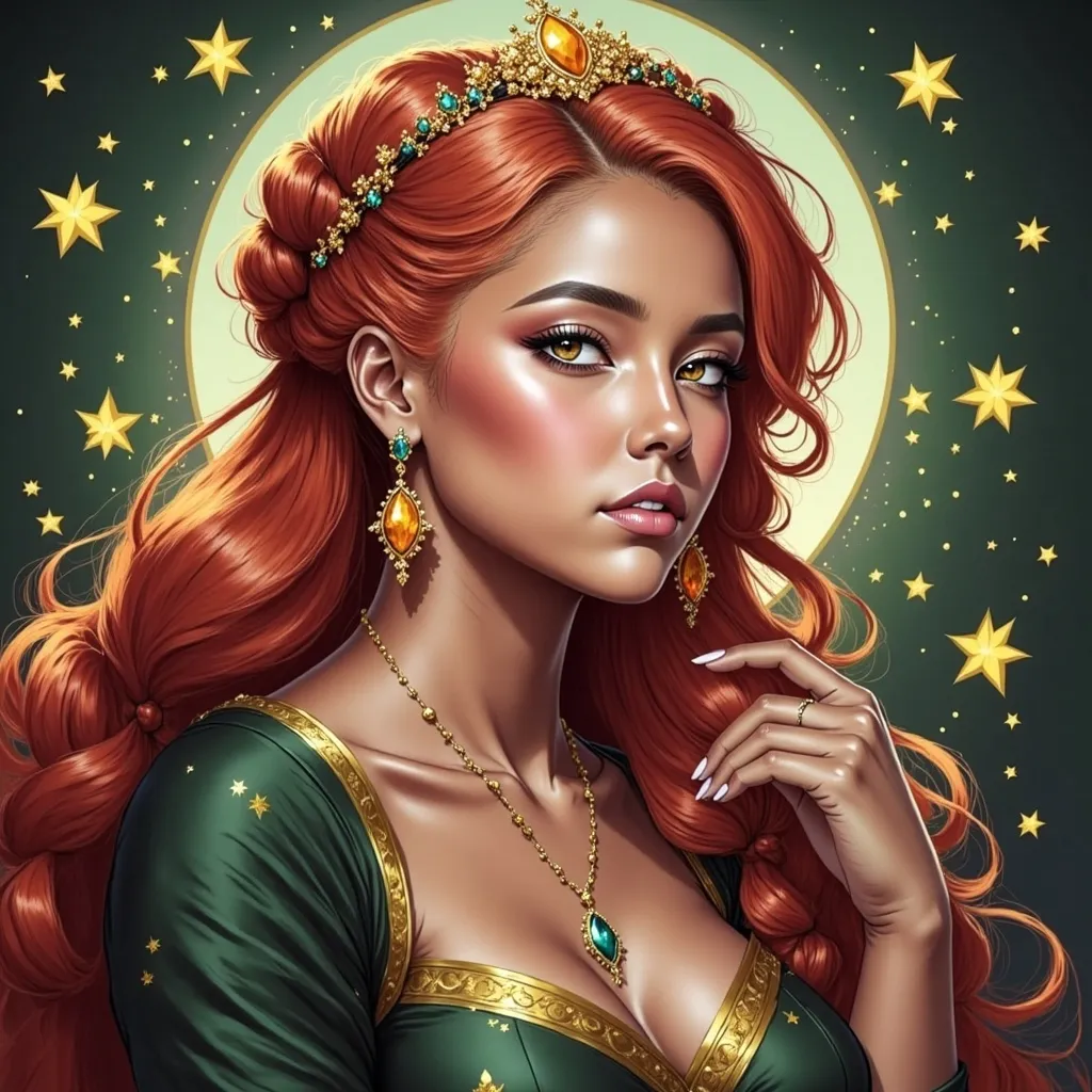 Prompt: a painting of a woman with red hair and a tiara on her head, with stars in her hair, Charlie Bowater, fantasy art, trending on art station, a character portrait