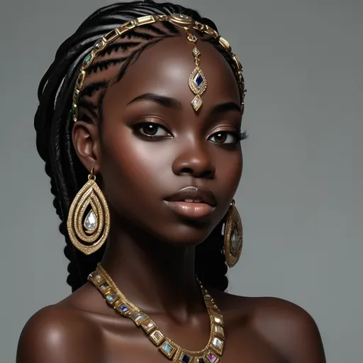 Prompt: A beautiful ebony skinned princess, Adorned with jewls