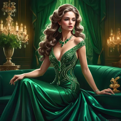 Prompt: Fancy lady, opulent attire, luxurious accessories, elegant posture, wearing an exquisite emerald gown, adorned with emerald jewels, flowing hair, expressive gaze, grandiose background, opulent decor, rich green tones, plush textures, warm ambient lighting, allowing a sense of glamour, sophistication, high-definition quality, ultra-detailed realism.