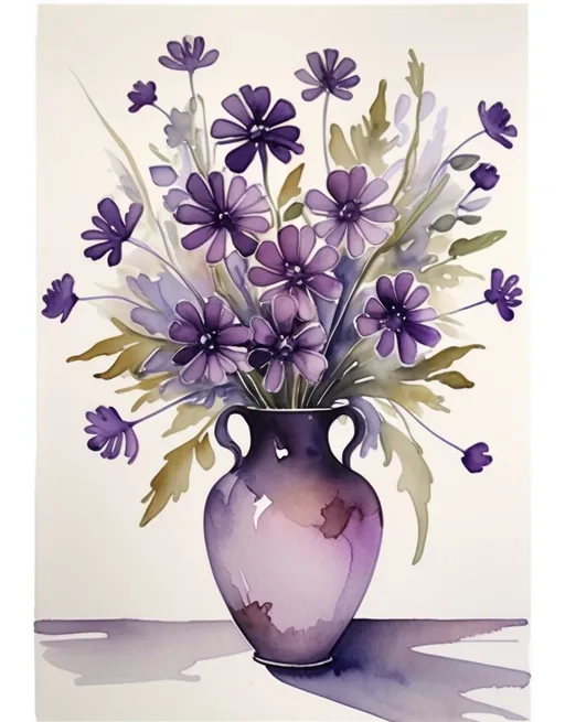 Prompt: a painting of a vase with purple flowers in it and watercolor paint on paper behind it, on a white background, Constance Copeman, modern european ink painting, watercolor, a watercolor painting