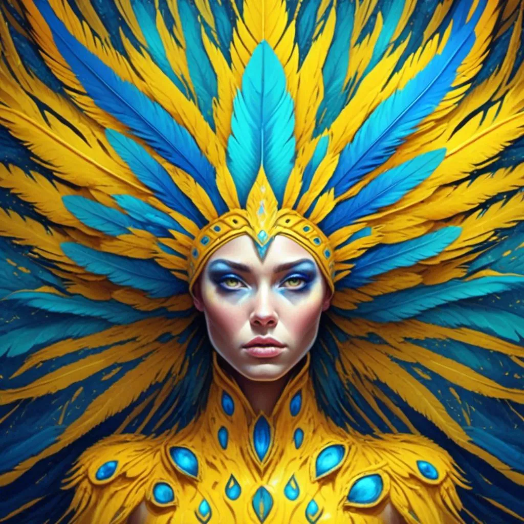 Prompt: <mymodel> a woman with feathers on her head and a yellow dress and a blue eyeliner and a yellow dress, Android Jones, fantasy art, highly detailed digital painting, a photorealistic painting