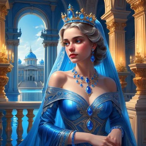 Prompt: (fantasy style), (queen in blue dress with veil and crown), (royal palace), (bordering a blue sea), adorned with (blue bracelet, blue necklace, blue earrings), illuminated by a warm color scheme, details of elegant architecture, enchanting atmosphere, tranquil surroundings, sparkling water reflections, ultra-detailed, vibrant colors, cinematic composition, dreamlike ambiance.