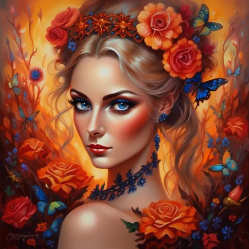 Prompt: <mymodel>Nataasha-Beautiful woman with flowers, oil painting, detailed fiery eyes, ethereal glow, dark and mysterious, high quality, vibrant colors, surreal, haunting, intricate floral details, intense gaze, mystical atmosphere, oil painting, demon, hybrid, fiery eyes, ethereal, vibrant colors, surreal, haunting, floral details, intense gaze, mystical atmosphere