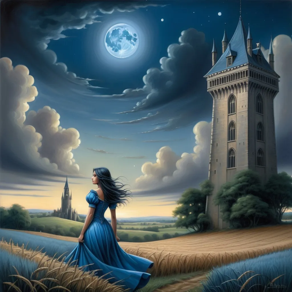 Prompt: a painting of a woman in a blue dress standing in a field with a tower in the background and a full moon in the sky, Anne Stokes, fantasy art, fantasy artwork, a storybook illustration