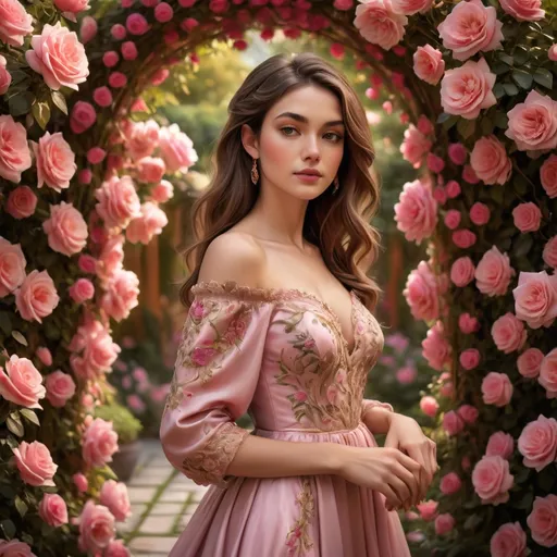 Prompt: In a lush garden awash with vibrant blooms, a stunning young woman stands gracefully at the center, framed by rich hues of pink roses and lush greenery. She wears an exquisite, soft pink gown adorned with intricate golden embroidery that highlights her elegant silhouette, while delicate off-the-shoulder sleeves enhance her poised demeanor. A tasteful flower tucked into her long, flowing hair adds a touch of romance, complementing her soft yet striking makeup, which brings focus to her expressive features and full lips. The scene radiates a warm, inviting atmosphere, illuminated by gentle, diffused sunlight, creating a dreamy backdrop that evokes a sense of enchantment and beauty. This picturesque moment captures the essence of elegance and tranquility, inviting viewers to immerse themselves in its serene charm.