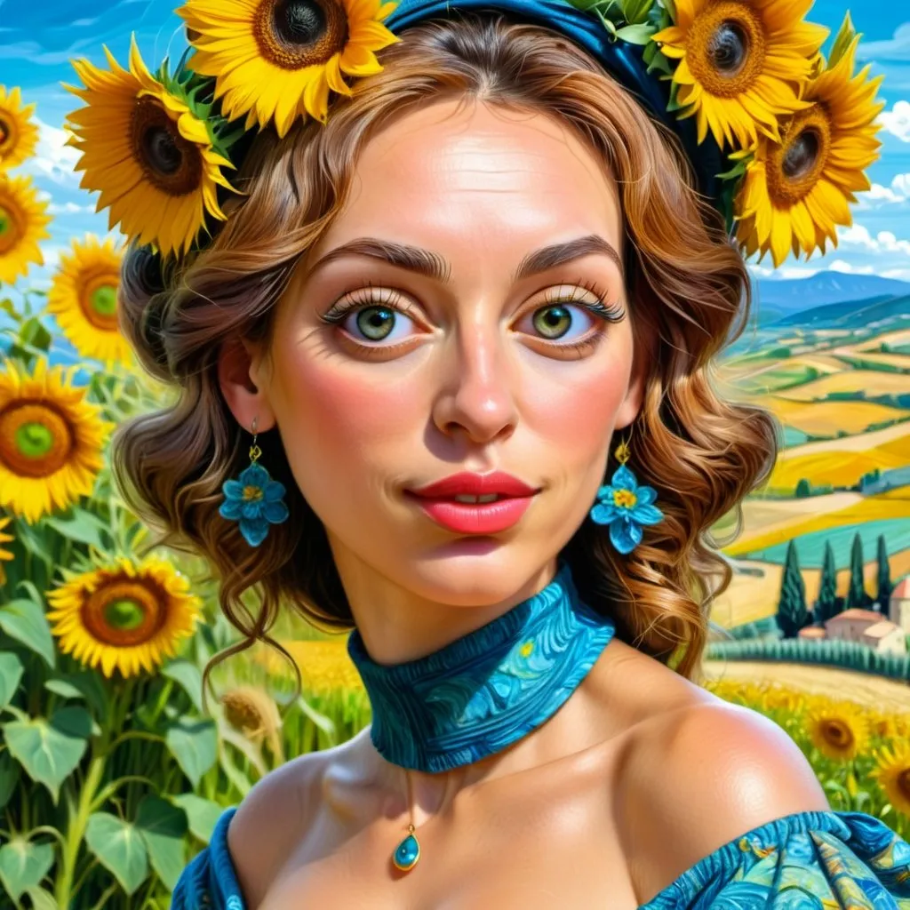 Prompt: <mymodel>Beautiful italian lady in an beautiful landscape of Umbrië, Style Flora Bowley and Vincent van Gogh,8k, dynamic lighting, ultra detailed