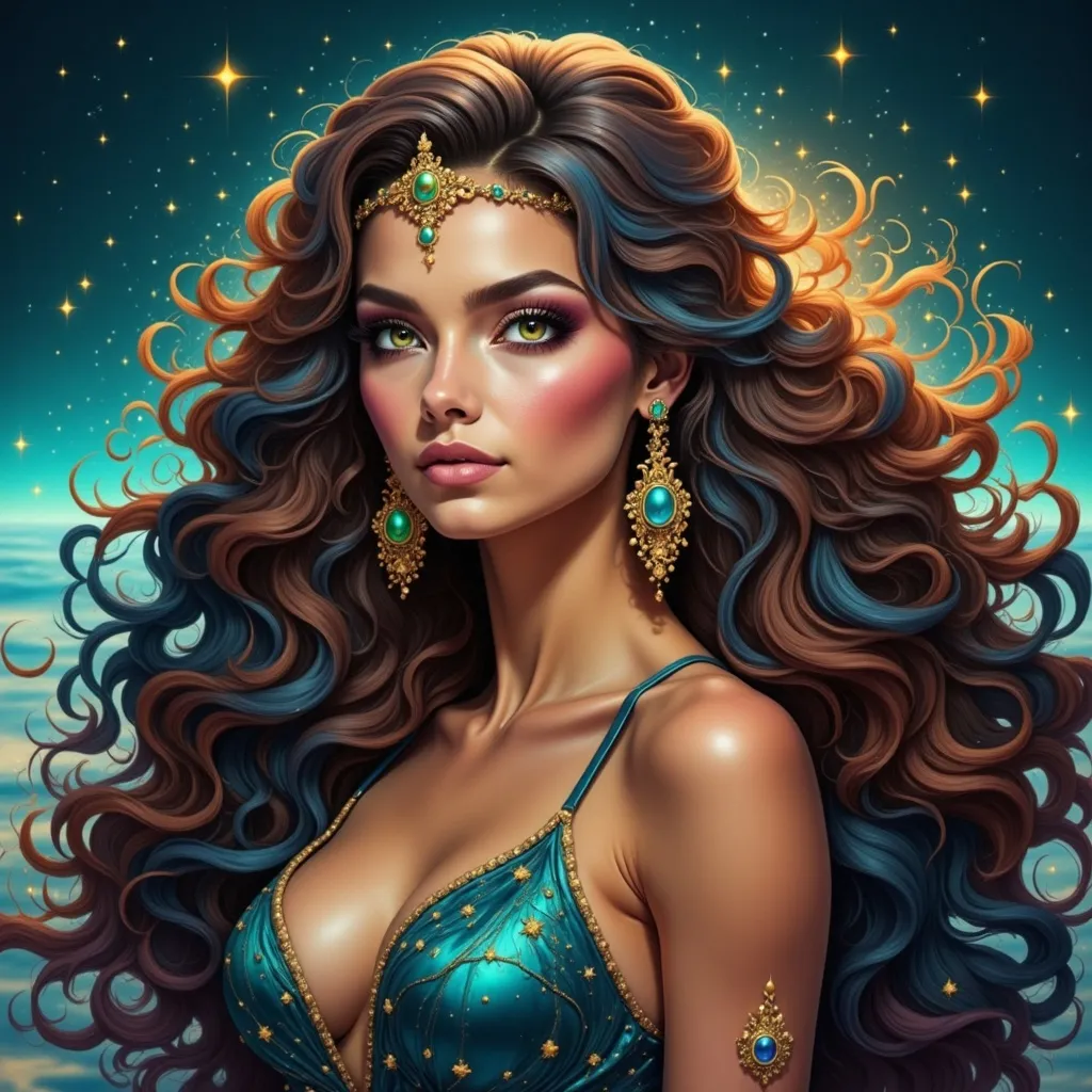 Prompt: a beautiful woman with long hair wearing a tiara and stars on her head, in the ocean with a blue background, Edwin Georgi, fantasy art, highly detailed digital painting, a digital painting