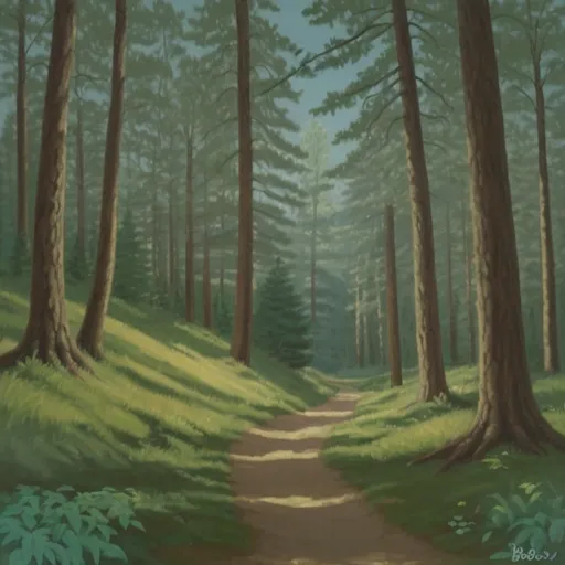 Prompt: A painting of a pth in the woods in the style of Bob Ross