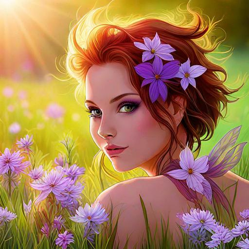 Prompt: a fairy of spring, ,wildflowers, vivid colors,  facial closeup