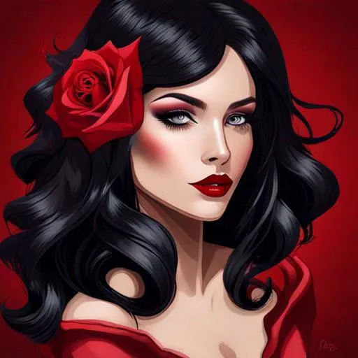Prompt: A beautiful woman with black hair, beautiful makeup, wearing a red rose in her hair