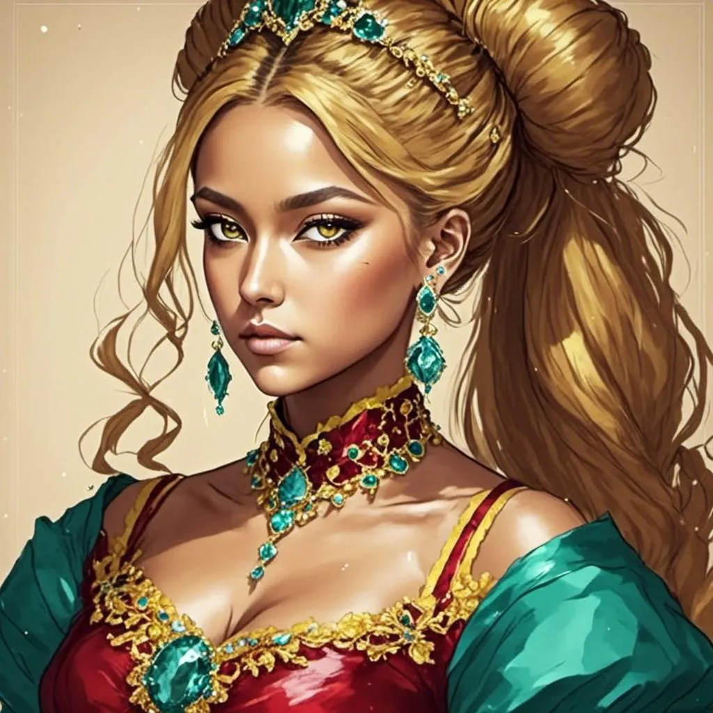 Prompt: <mymodel> An extremely gorgeous woman,  with turquoise jewels, in color scheme of ruby and gold