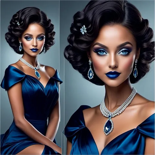 Prompt: <mymodel>Glamorously dressed 1930's lady, sapphire jewelry, blue eyes, vintage glam, luxurious satin gown, elegant updo hairstyle, detailed facial features, high-quality, vintage, glamorous, detailed sapphire jewelry, sophisticated makeup, atmospheric lighting, deep blue color tones, classic Hollywood style