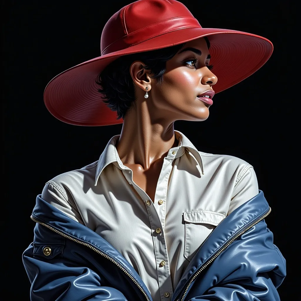 Prompt: a painting of a woman with a red hat on her head and a blue jacket on her shoulders and a white shirt on, Artgerm, figurative art, photorealistic portrait, a photorealistic painting