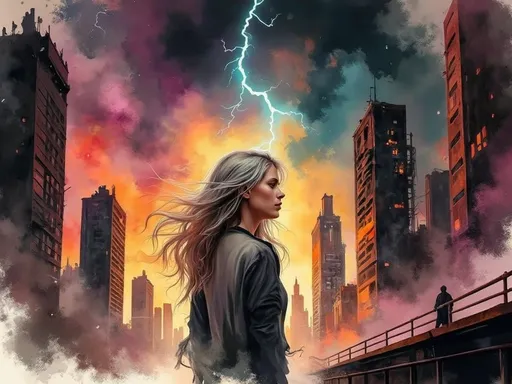 Prompt: This is a digital painting in a semi-realistic, urban apocalyptic style. The central figure is a young woman with pale skin and long, wavy, silver-blonde hair that flows in the wind. She is facing to the right with her eyes closed, evoking a sense of contemplation or resignation. She wears a dark, slightly tattered, long-sleeved shirt that fits loosely. Her expression is calm yet somber.

The background is a dramatic, colorful skyline dominated by tall, dark, and crumbling skyscrapers. The buildings are mostly black with some windows glowing with orange and yellow light, indicating possible fires or structural damage. The sky is a vivid mix of colors, with bright oranges, reds, and pinks blending into cooler blues and purples, suggesting a fiery sunset or an impending storm. A bright blue lightning bolt cuts across the sky, adding to the sense of chaos and destruction.

In the lower right corner, there is a dark, rusty metal railing on a rooftop, with a small, barely visible silhouette of a person standing on it, adding a sense of scale and perspective. The overall texture of the painting is smooth with bold, expressive brushstrokes, particularly in the sky and hair.