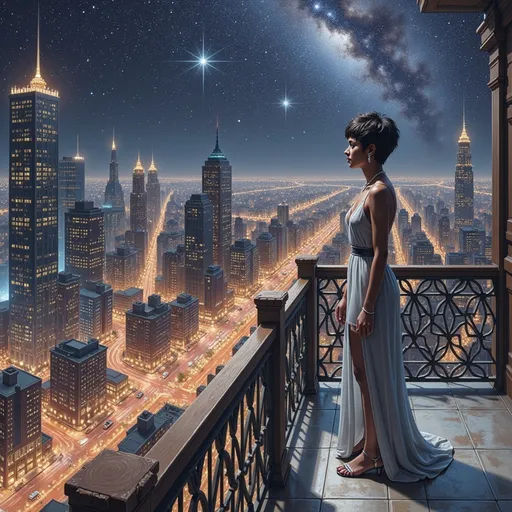 Prompt: A woman standing on a balcony, gazing at a vast starry sky, cityscape below, twinkling lights creating a mesmerizing glow, serene and contemplative atmosphere, cool tones illuminating the night, delicate breezes stirring her hair, capturing a moment of wonder, ultra-detailed, vivid interpretation, cinematic depth, nighttime beauty, star clusters scattered across the dark canvas.