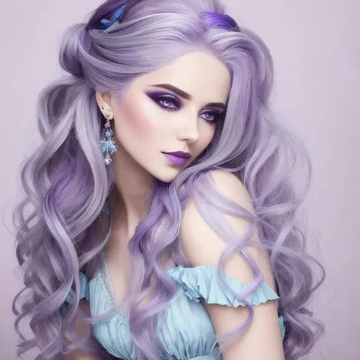 Prompt: A beautiful woman, volumnous white hair with pastel purple highlights, violet eyes, blue eyeshadow, pastel blue roses in her hair, blue jewels on forehead
