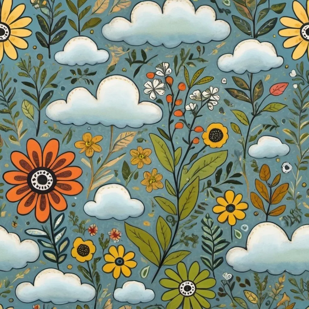 Prompt: Wild flower and clouds in the style of Edward Tingatinga, in a whimsical folk art style with soft blue, pea green, green gold, guava colours