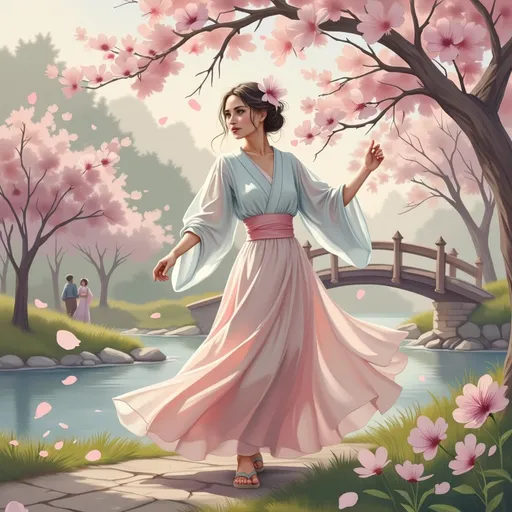 Prompt: This digital painting depicts a serene, ethereal scene of a young woman standing gracefully on a path beside a tranquil pond, surrounded by blooming cherry blossom trees. The woman, with fair skin and delicate features, has dark brown hair styled in an elegant updo adorned with a pink flower. She wears a flowing, pastel pink and blue kimono with wide sleeves, cinched at the waist with a pink sash that drapes gracefully to the ground. Her arms are gracefully extended, one slightly raised, as if she is dancing or swaying gently to the breeze.

The background features a softly blurred landscape of pink cherry blossoms in full bloom, with petals gently falling from the trees. The cherry blossom trees are positioned on both sides of the path, their branches arching overhead. A wooden bridge spans the pond in the mid-background, with a few indistinct figures walking across it. The pond reflects the soft pink and green hues of the surrounding landscape, adding to the peaceful ambiance. The ground is a mix of grass and a stone path, with light filtering through the trees, creating a gentle, dreamy glow. The overall style of the painting is realistic with a touch of fantasy, emphasizing tranquility and beauty.