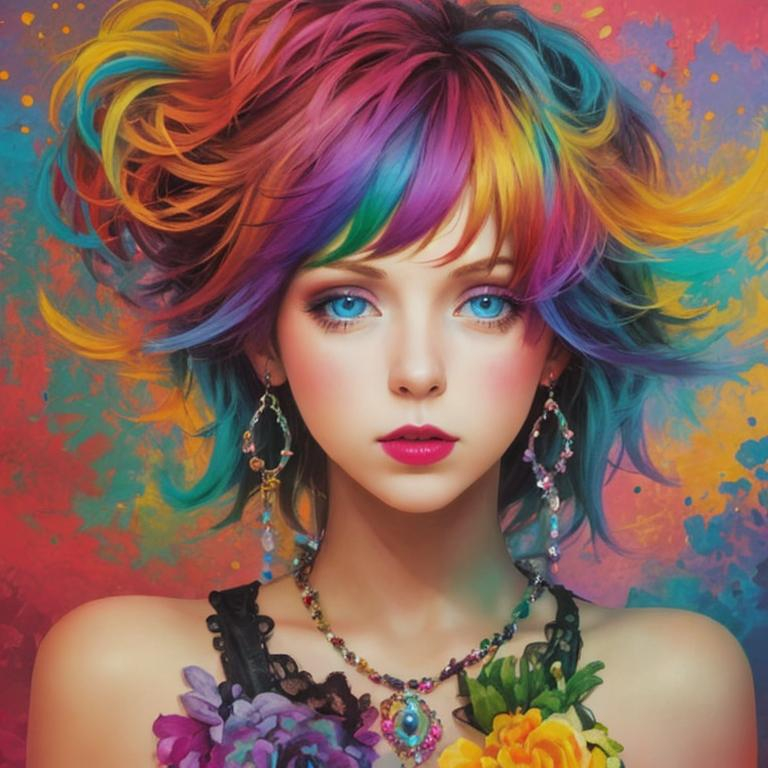 Prompt: colorful image of a young lady