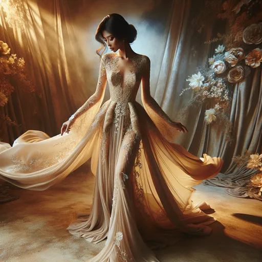 Prompt: Elegant woman, graceful posture, sophisticated outfit, flowing gown with intricate lace details, soft and luxurious fabric textures, warm golden lighting, vibrant but muted color palette, serene and enchanting ambiance, high quality, ultra-detailed, ethereal background blending elegant floral elements, conveying a sense of beauty and refinement, inviting and calming atmosphere, capturing elegance and poise.