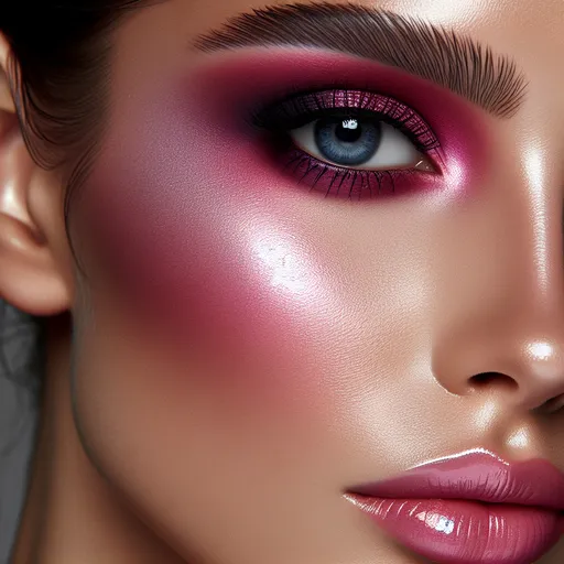 Prompt: A beautiful   woman in a  makeup color scheme of magenta,  facial closeup
