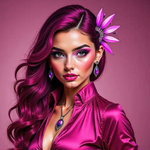 Prompt: a woman with bright pink hair and purple makeup is wearing a necklace and earrings with jewels on it and a necklace with a drop, Elina Karimova, synchromism, pink, a stock photo