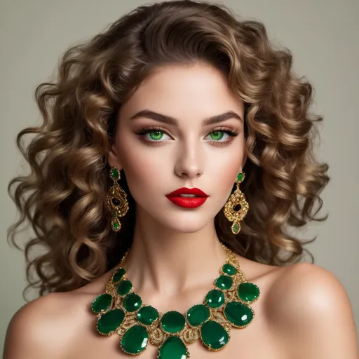Prompt: A captivating young woman exudes elegance with her striking features, highlighted by a bold red lip and mesmerizing green eyes that draw attention. Her lush, curly hair frames her face, accentuating the opulent gold and emerald jewelry she wears, including earrings and a matching necklace that catch the light. The makeup enhances her flawless complexion, with perfectly defined lashes and subtle blush creating a radiant look. Dressed in a luxurious green garment, she poses gracefully with one hand near her neck, radiating confidence in an intimate, softly lit setting that adds to the overall atmosphere of sophistication and allure.